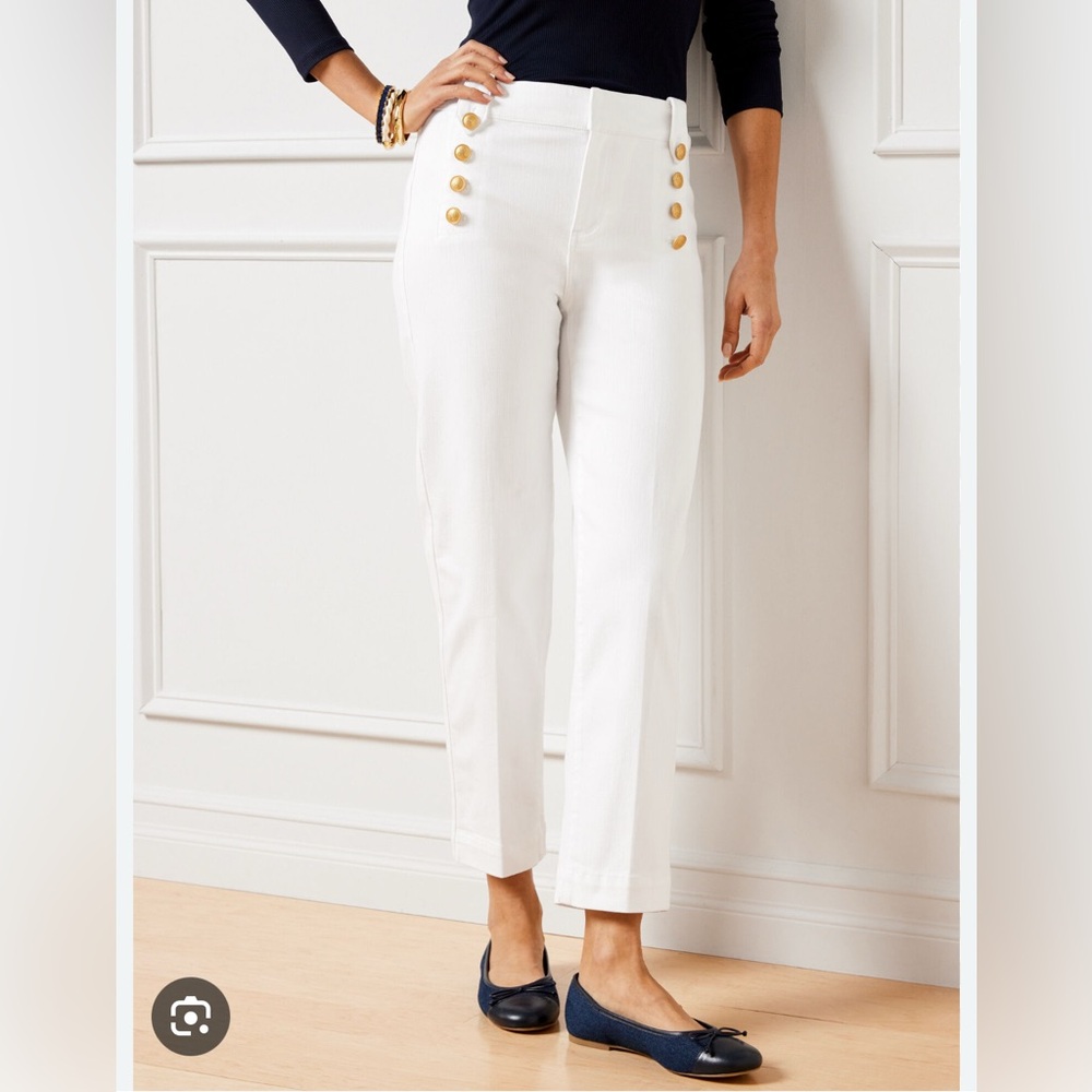 Talbots White Sailor Jean Ankle Pants with Gold Buttons size 10